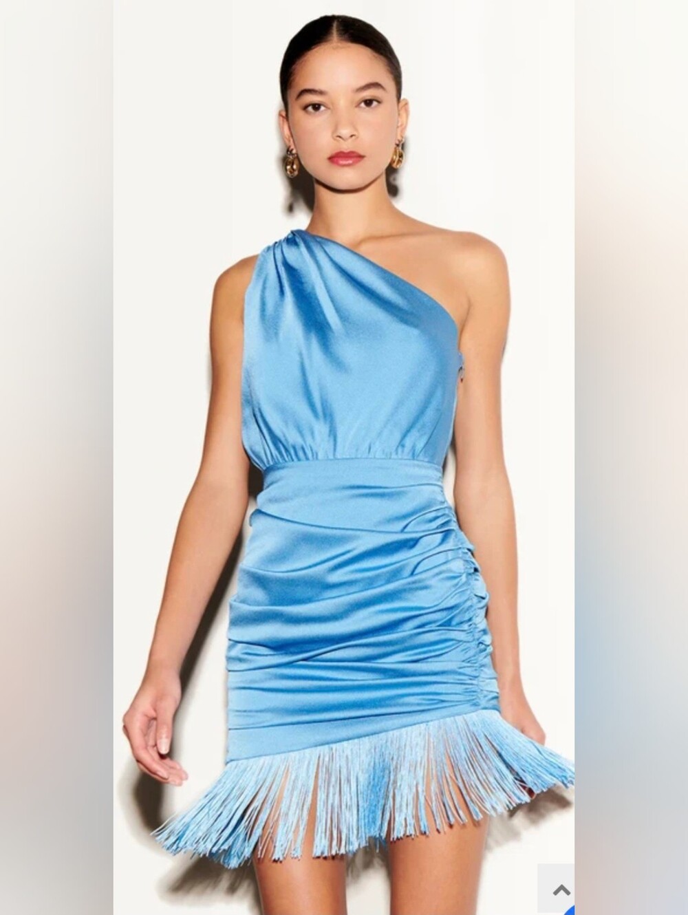 Saylor Sainte Fringe Mini Dress One Shoulder Ruched French Blue Medium